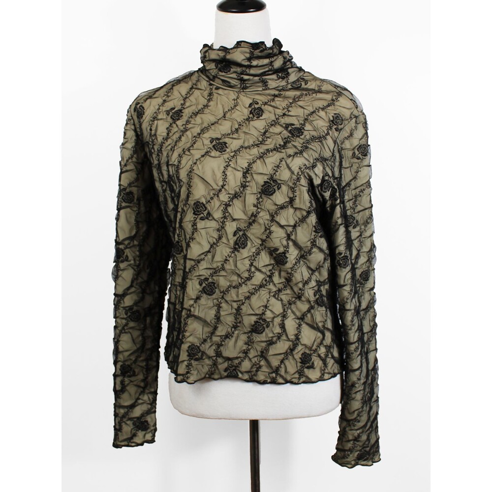 Snoskins Large Olive Green Black Floral Mesh Textured Turtleneck Goth Whimsygoth